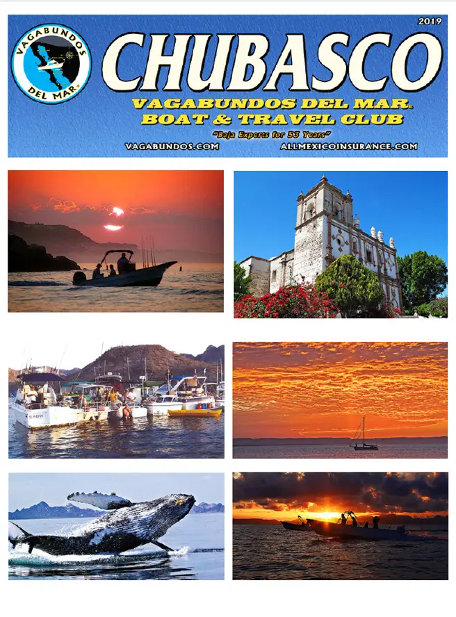 2019-promo 6 A collage of six images, including a fishing boat at sunset, an old church, a marina, a sailboat at sunset, a breaching whale, and boats at sunset, all under a 'CHUBASCO' banner.
