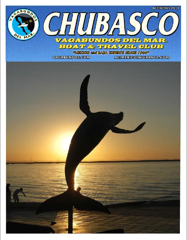 2019-spr.html 5 Magazine cover with 'CHUBASCO' title above a sunset scene featuring a silhouetted whale statue leaping from the water, with golden reflections.