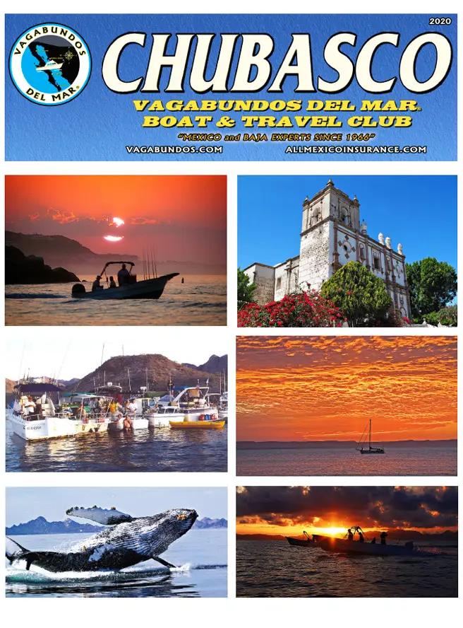 2020-promo 4 A collage of six images and a header. The header reads 'CHUBASCO' and 'VAGABUNDOS DEL MAR. BOAT & TRAVEL CLUB'. Images include a fishing boat at sunset, a historic church, boats in a marina, a sailboat at sunset, a breaching whale, and boats at sunset.