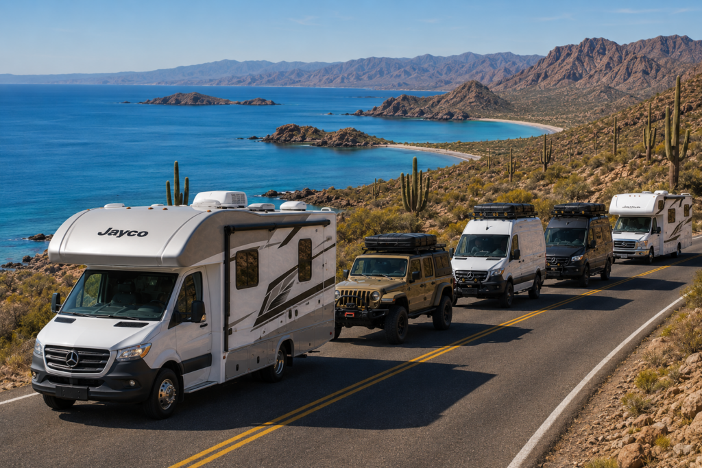 A convoy of five vehicles, including RVs, a Jeep, and two Sprinter vans, drives along a coastal road. The road overlooks a blue ocean with rocky islands and a sandy beach. The landscape is arid with cacti and mountains.