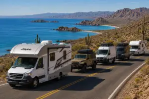 A line of five vehicles, including RVs, a Jeep, and vans, drives on a coastal road next to a bright blue ocean with rocky islands and desert landscape with cacti.