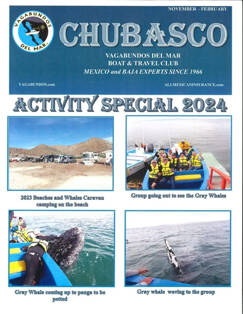 Flyer for Vagabundos del Mar Boat & Travel Club's 2024 Activity Special, showing RVs camping on a beach and tourists interacting with gray whales from boats.