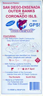 Cover of a FISH-n-MAP CO. fishing map for San Diego-Ensenada Outer Banks and Coronado Islands, highlighting waterproof plastic, GPS compatibility, bathymetric contours, and fishing spots.