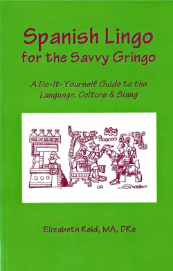 Book cover for "Spanish Lingo for the Savvy Gringo" by Elizabeth Reid. The green cover features the title in maroon, a subtitle, and an illustration of two figures in ancient Mesoamerican style.