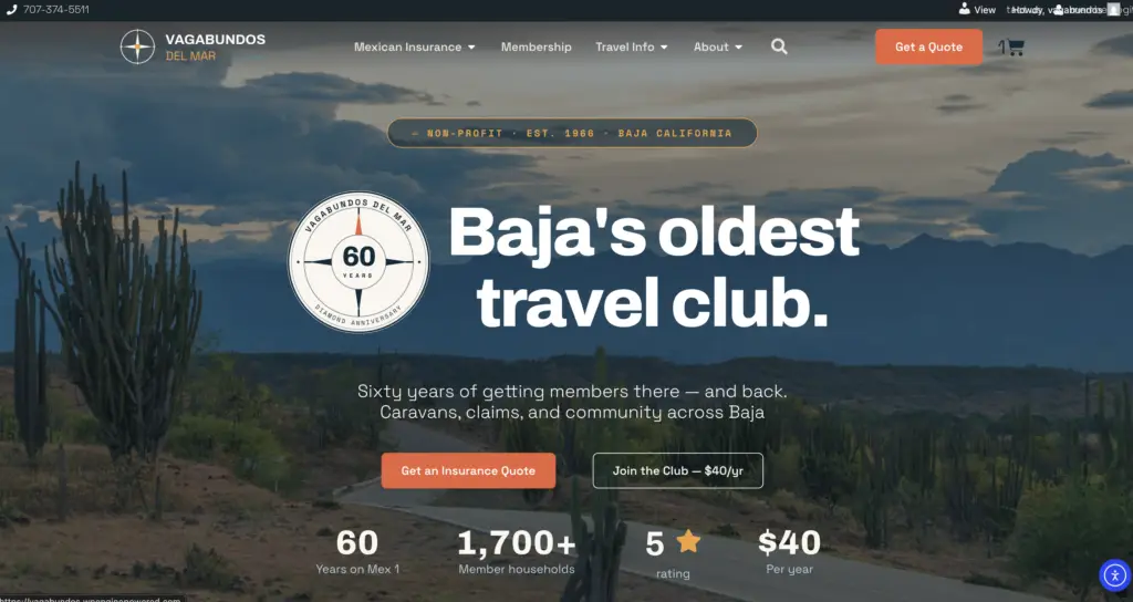 New Site launch 1 Screenshot of the Vagabundos del Mar website homepage, showing a desert road with cacti and mountains, featuring the club's 60th anniversary logo, and text 'Baja's oldest travel club'.