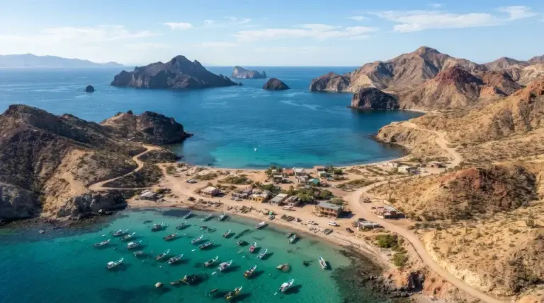 Bahía de los Ángeles 2 Aerial view of a desert bay with volcanic islands, pangas anchored in turquoise shallows, Baja California