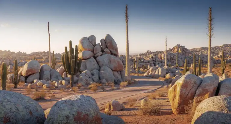 Cataviña & the Central Desert 1 Desert road curving through giant granite boulders with cardón and cirio, central Baja