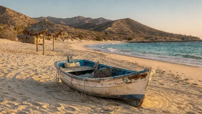 The East Cape Run 1 Panga fishing boat pulled ashore on an East Cape beach with palapas and desert hills
