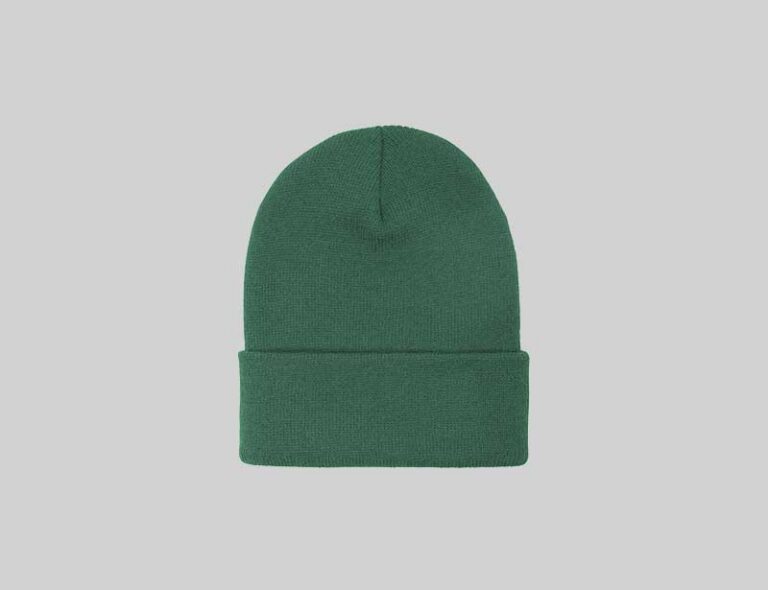 A dark green knitted beanie with a folded cuff, centered on a light gray background.