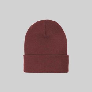 A plain dark red knit beanie with a folded cuff, centered on a light gray background.