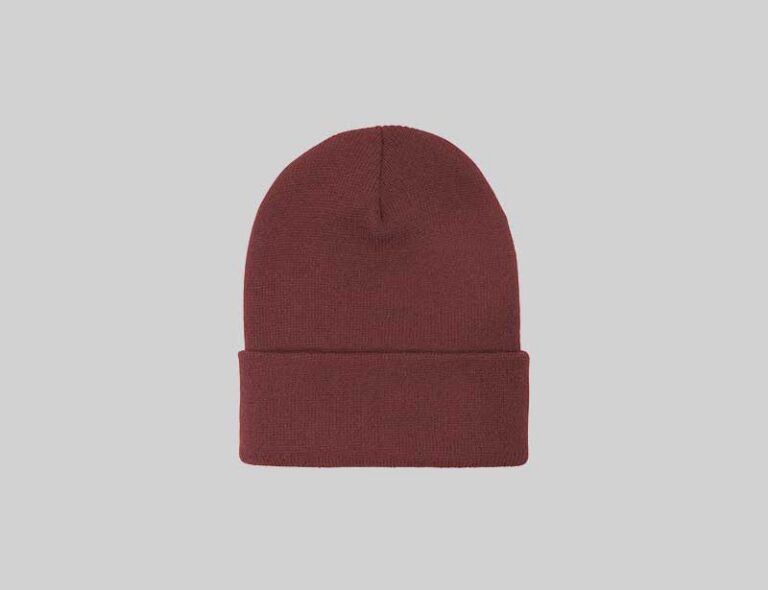 A plain dark red knit beanie with a folded cuff, centered on a light gray background.