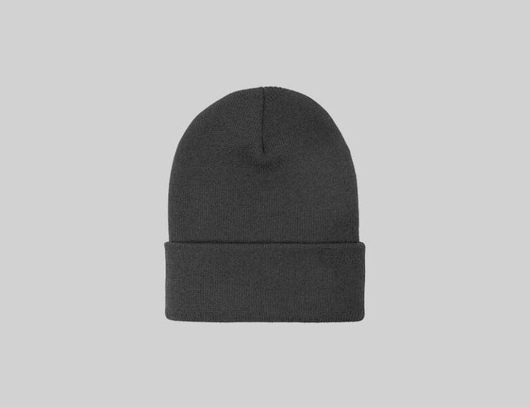 A plain dark grey knitted beanie with a folded cuff, centered on a light grey background.