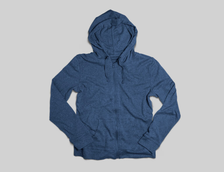 A heathered dark blue full-zip hoodie with a hood and front pockets, laid flat on a light gray background.