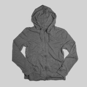 A dark gray zip-up hoodie with a hood and front pockets, laid flat on a light gray background.
