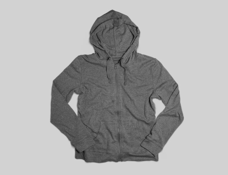 A dark gray zip-up hoodie with a hood and front pockets, laid flat on a light gray background.