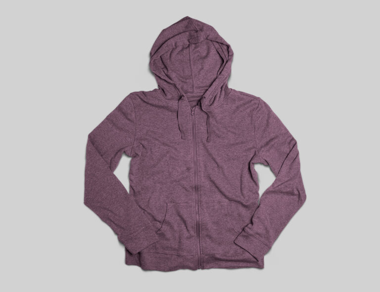 A heathered plum-colored zip-up hoodie laid flat on a gray background.