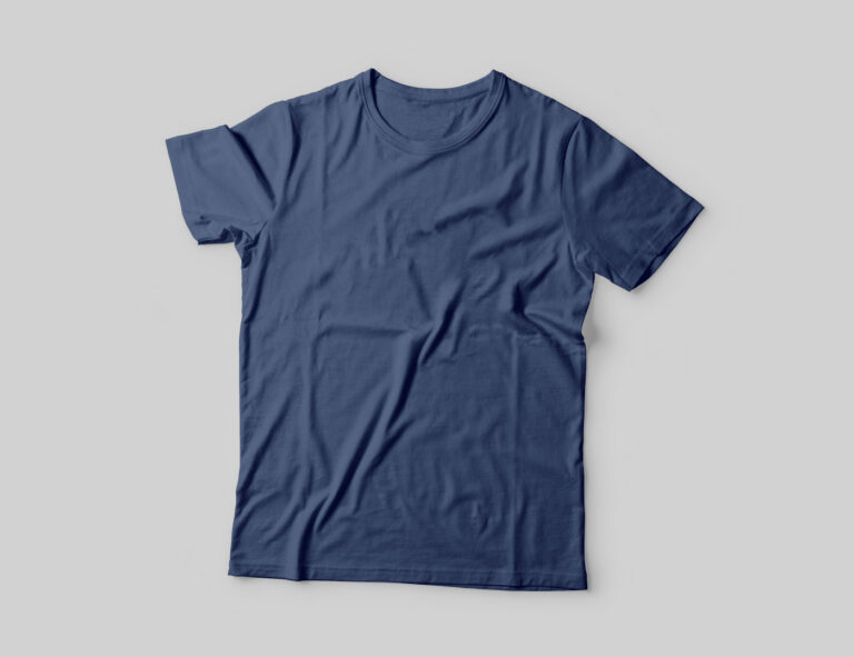 A plain dark blue short-sleeved crew neck t-shirt laid flat on a light gray surface.