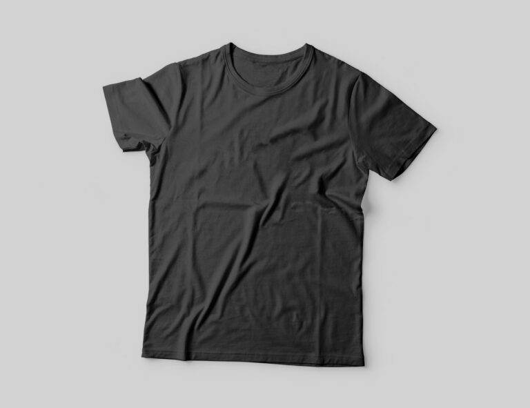 A plain black short-sleeved t-shirt with a crew neck, laid flat on a light grey background.