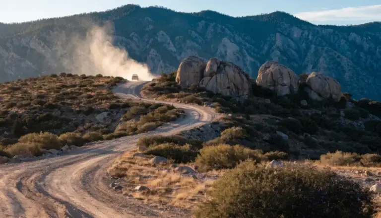 Mike's Sky Rancho Loop 3 Dusty dirt road climbing through granite boulders toward pine sierra, Baja California