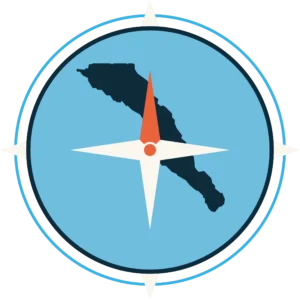 A stylized compass graphic featuring a map of Baja California within a light blue circle, with an orange arrow pointing north.