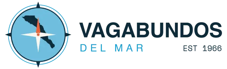 Logo for Vagabundos del Mar, showing a compass over the Baja California peninsula and the text "VAGABUNDOS DEL MAR EST 1966".